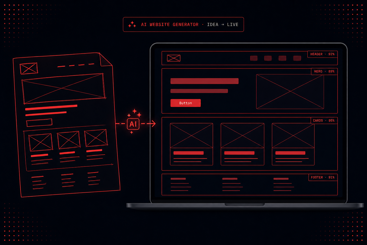 AI website generator interface where a hand-drawn UI sketch is transformed into a structured digital web template with detected components highlighted