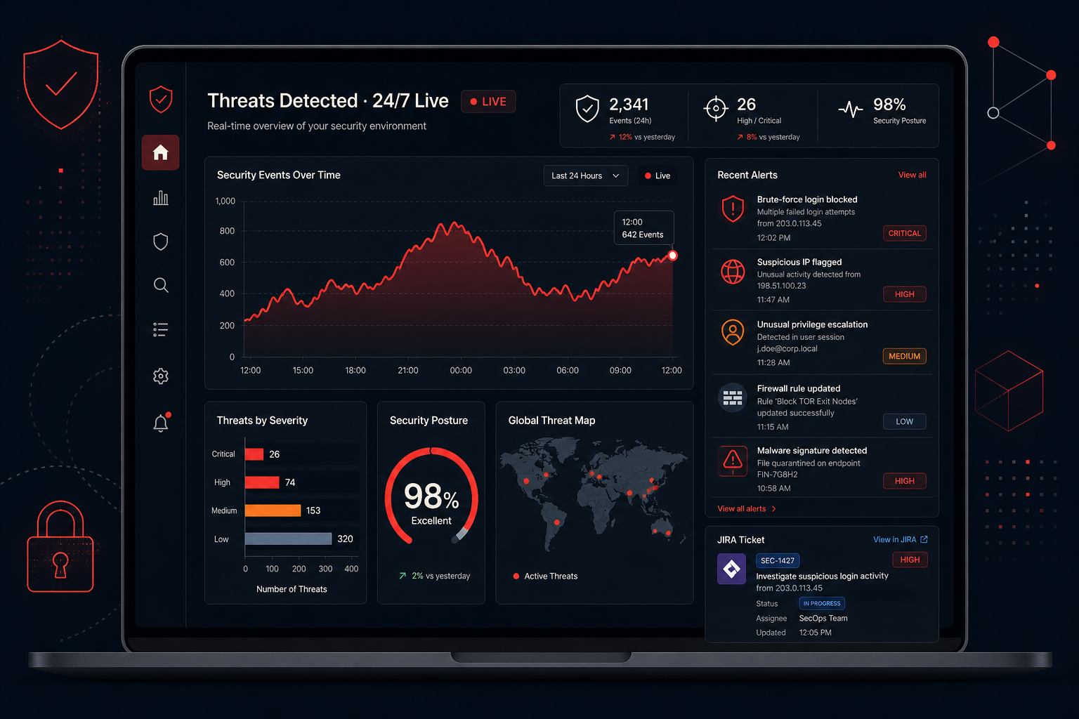 Advanced threat detection dashboard showing real-time security events, severity breakdown, security posture gauge, global threat map, recent alerts and an integrated JIRA ticket panel