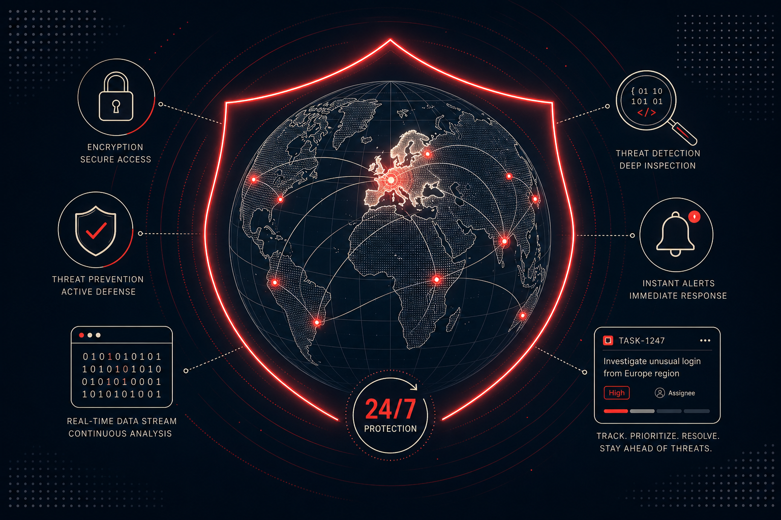 Illustration of 24/7 global cybersecurity protection with a shielded globe, network-linked monitoring nodes across regions, and surrounding icons for encryption, threat prevention, deep inspection, instant alerts and real-time data analysis