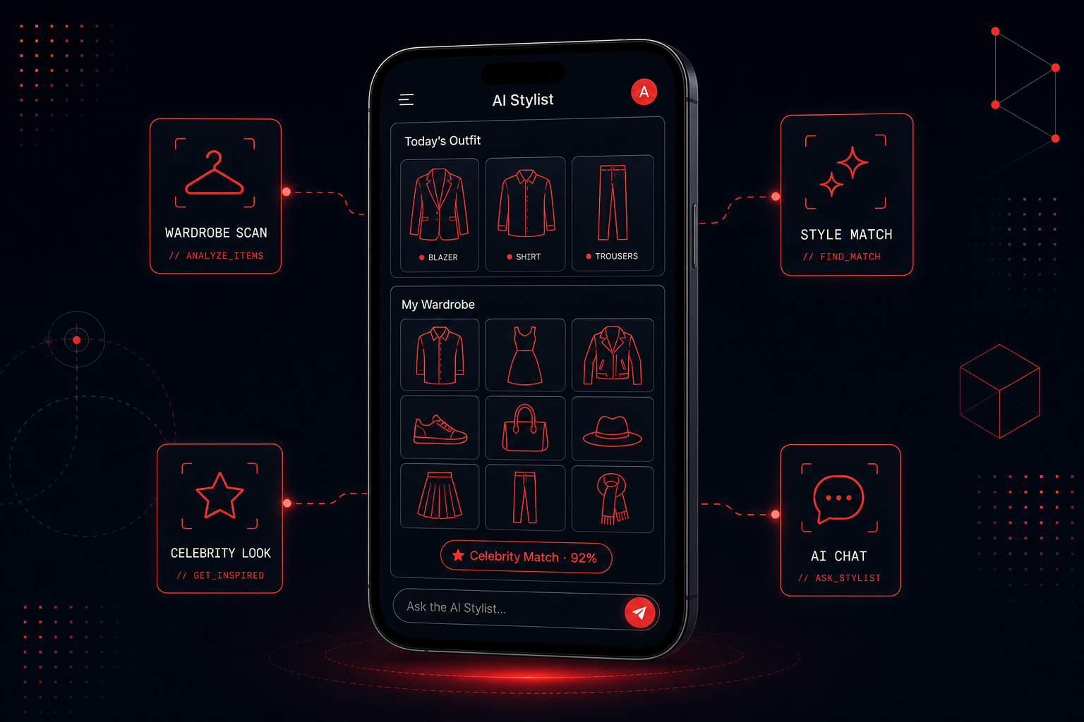 AI Stylist mobile app interface showing today's outfit recommendation, a digitized wardrobe grid, a celebrity-inspired look match card, and an AI chat stylist input