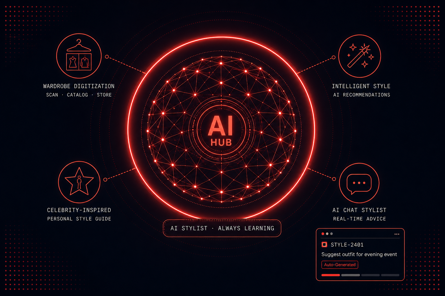 Illustration of an AI-driven fashion platform with a central AI hub connecting four labelled features: wardrobe digitization, intelligent style recommendations, celebrity-inspired guidance, and an interactive AI chat stylist