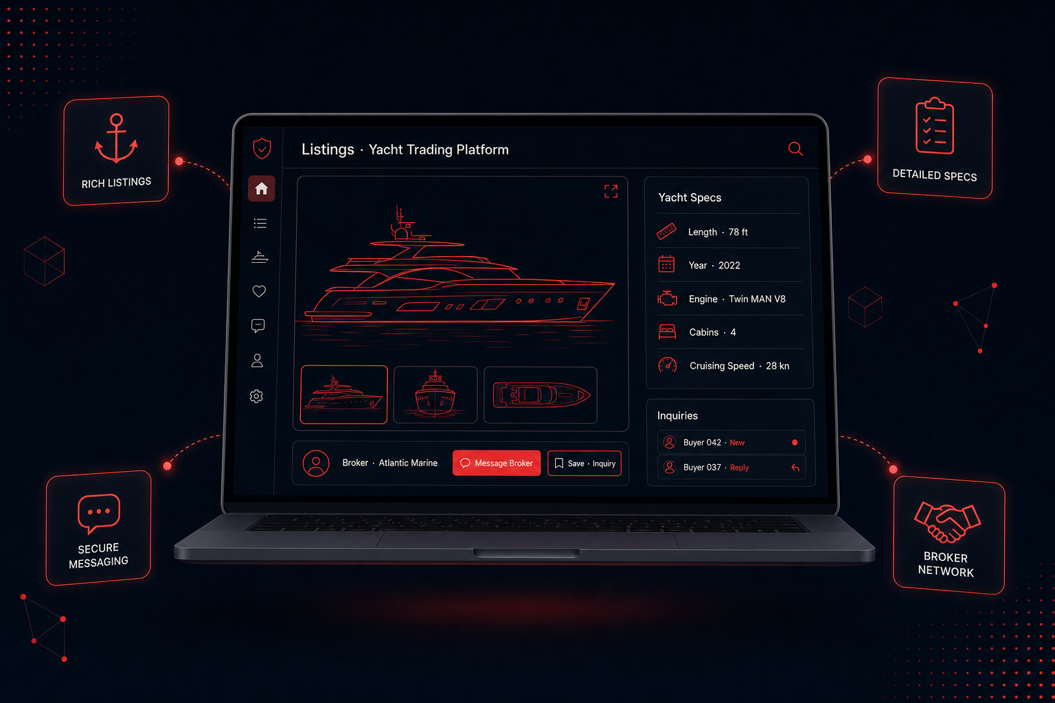 Yacht trading platform listing screen showing rich media, detailed yacht specifications, broker information, secure messaging and inquiry tools