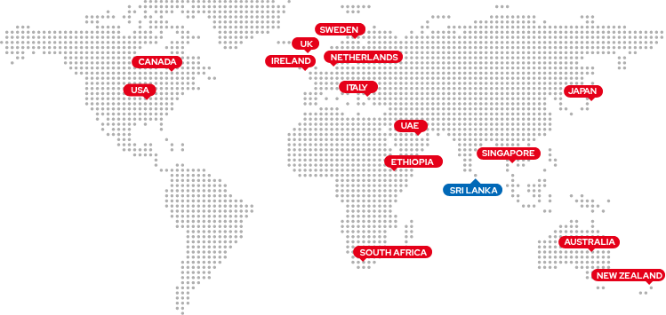 World map showing Softcodeit's global client footprint with Colombo as headquarters